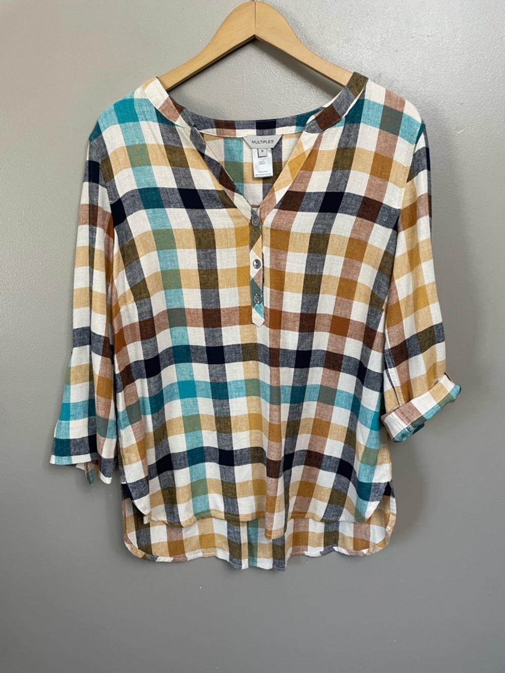 MULTIPLES women’s small y-neck plaid woven blouse linen summer beach